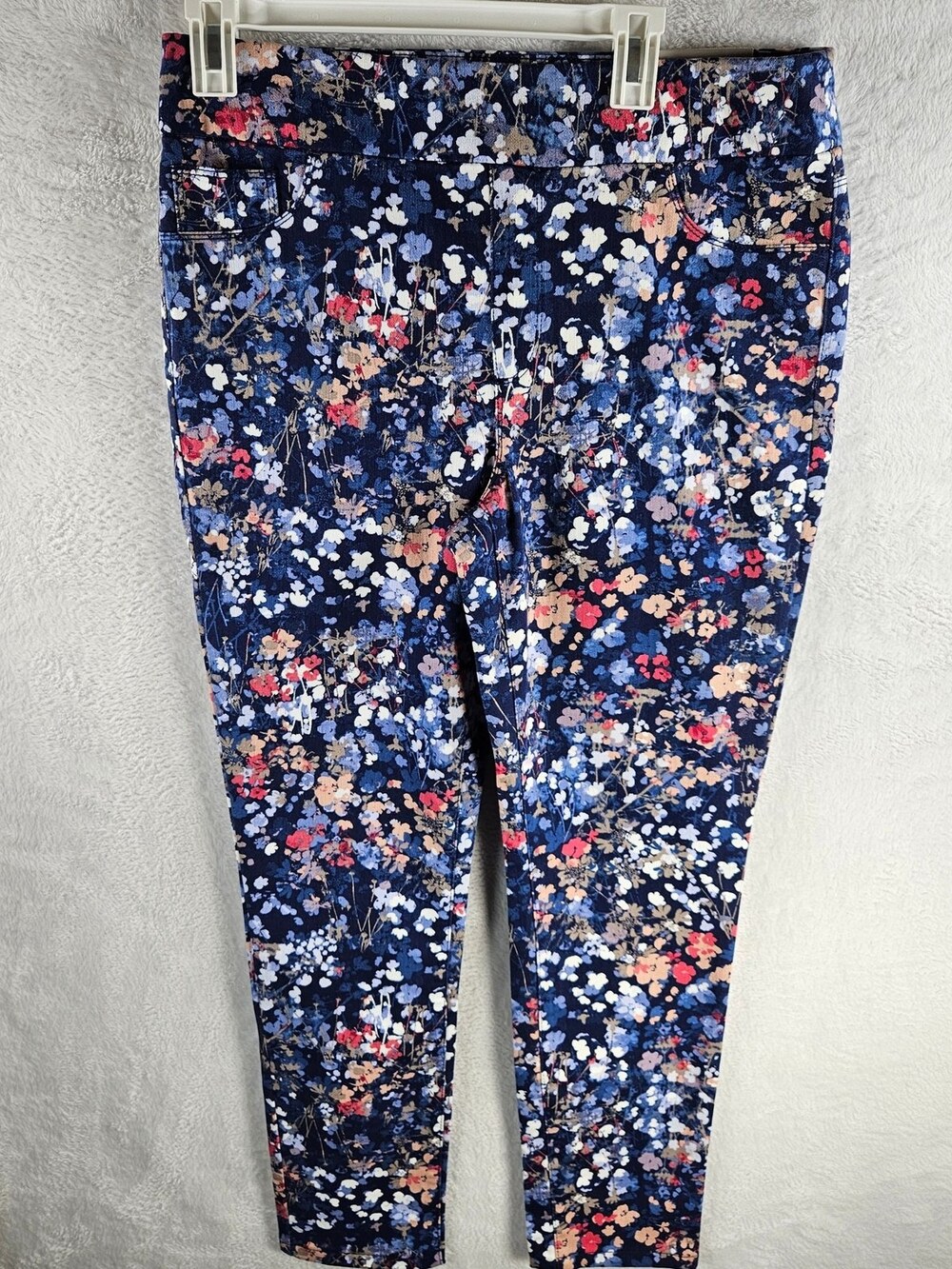 Chico's Jeggings Navy Blue Floral Print Slim Stretch Pants Women's Size 10
